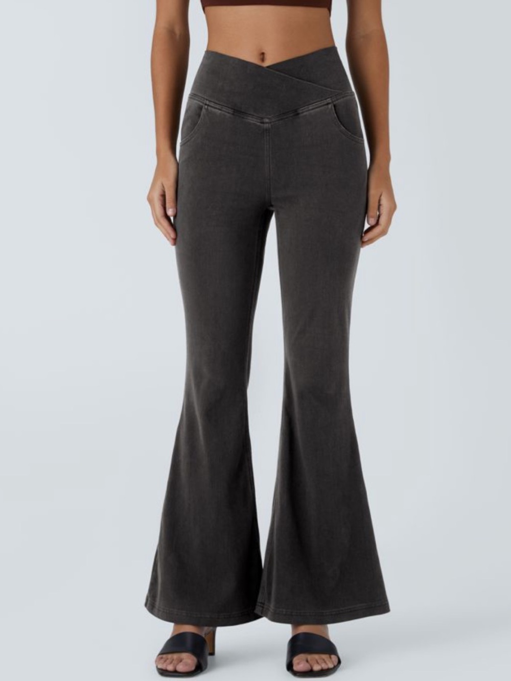 Halara Flex High Waisted Crossover Washed Hemp Rope Black Flare Jeans, XL Petite